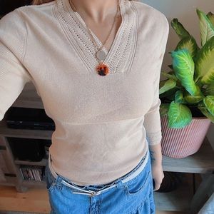Neutral Vneck Detailed preppy Sweater